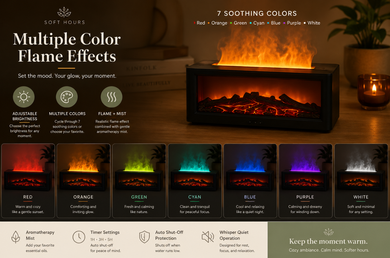 Electric fireplace with color-changing flames and control panel on a dark background