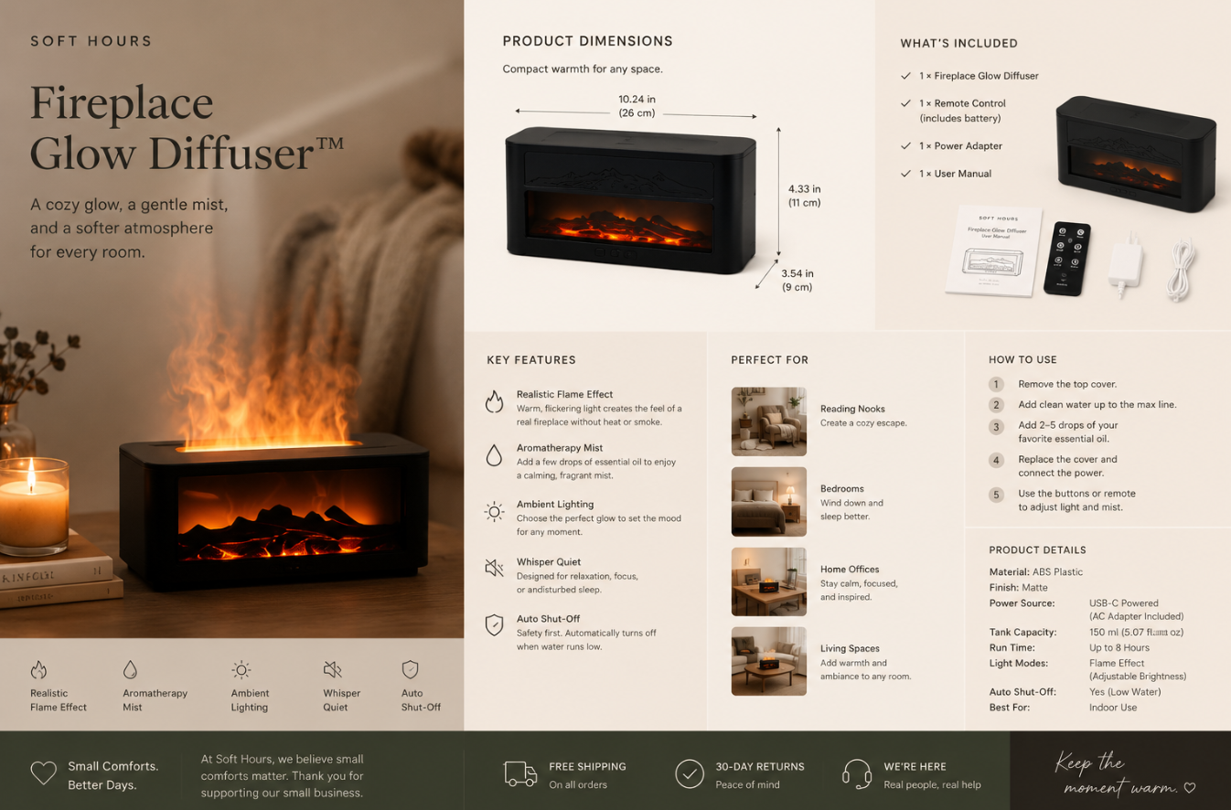 Fireplace glow diffuser product page with dimensions and features on a white background